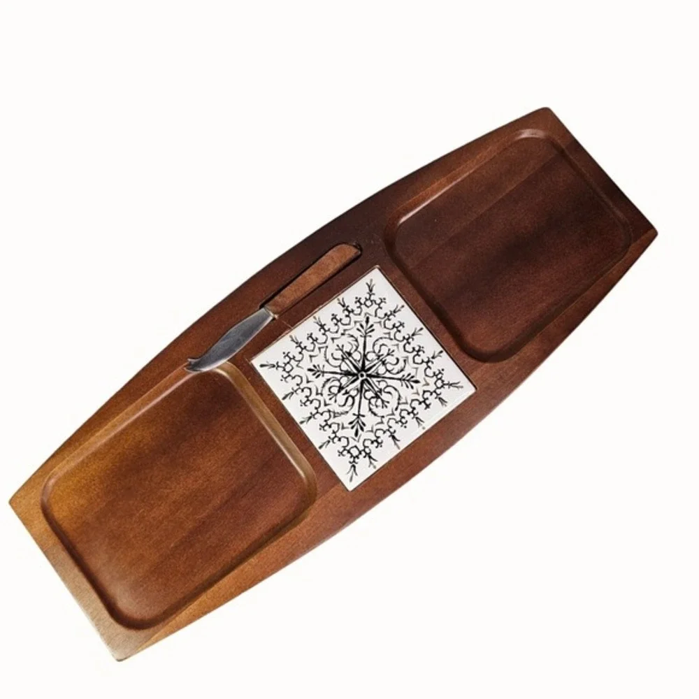 Cheese Board Set With Knife Ceramic Tile MCM‎ Hardwood Japan Mid Century Has Box
